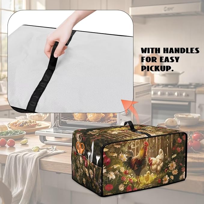 Air Fryer Toaster Oven Dust Cover with Side Pockets, Protective Countertop Microwave Oven Cover for Home Indoor Decor, S, 14.5 x 18.5 x 9 Inches, Rooster Chicken Daisy Print