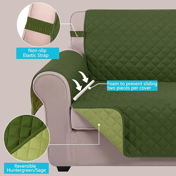 U-NICE HOME Large Sofa Cover Reversible Couch Cover for Dogs with Elastic Straps Water Resistant Furniture Protector for Pets Couch Cover for 4 Cushion Couch (Oversized Sofa, Huntergreen/Sage)