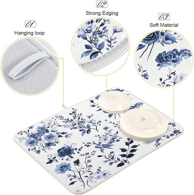 Blue White Porcelain Flower Dish Drying Mat - Image 3