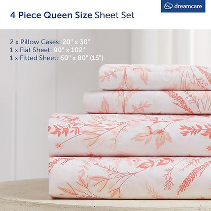 DREAMCARE Queen Size Sheets - Floral Sheets Queen Size Bed Set - 4pcs Queen Sheet Set - Cooling Bed Sheets - Queen Size Sheet Sets - Soft & Long Lasting 100% Brushed Floral Bed Set - Floral Pink
