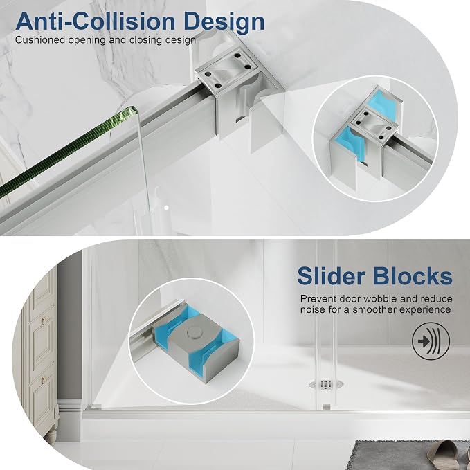 Frameless Bathtub Shower Door, 55-60" W x 60" H Double Sliding Tub Shower Door - Image 7