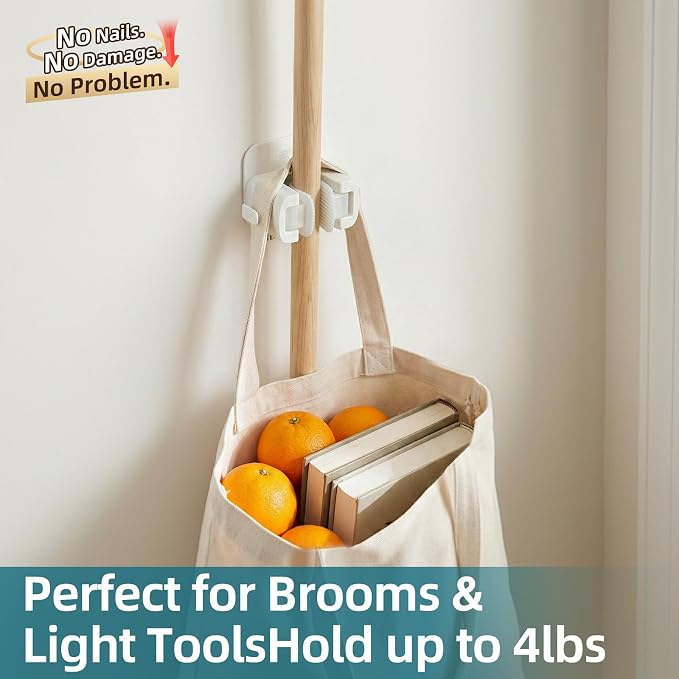 TAILI Mop and Broom Holder Wall Mount Grippers, 2 Hangers and 6 Adhesive Strips - Image 6