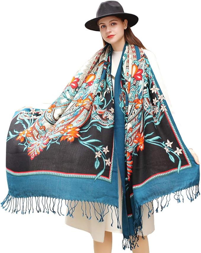 DANA XU 100% Merino Wool Pashmina Shawl for Women 96"x43", Oversized Cashmere Wrap with Tassels, Floral Travel Blanket Cape