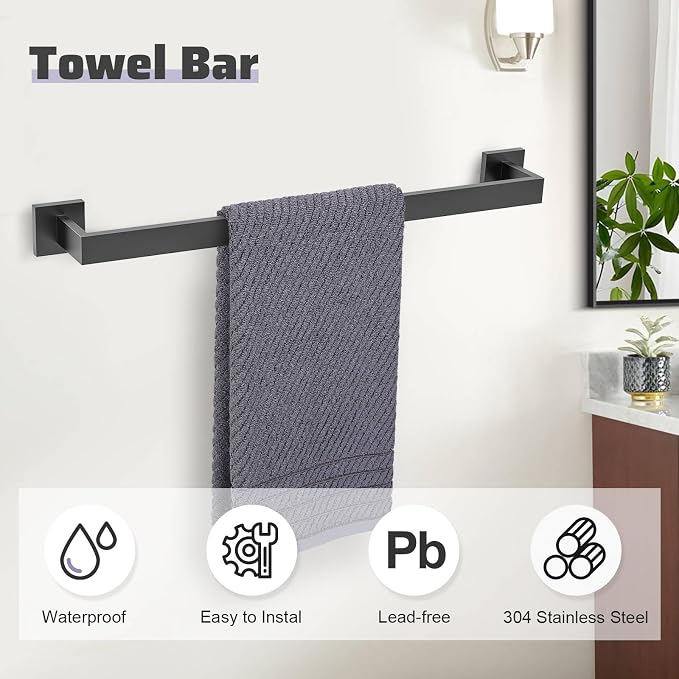 TNOMS Matte Black Towel Bar Set 5-Piece Bathroom Hardware Accessories Set - Image 2