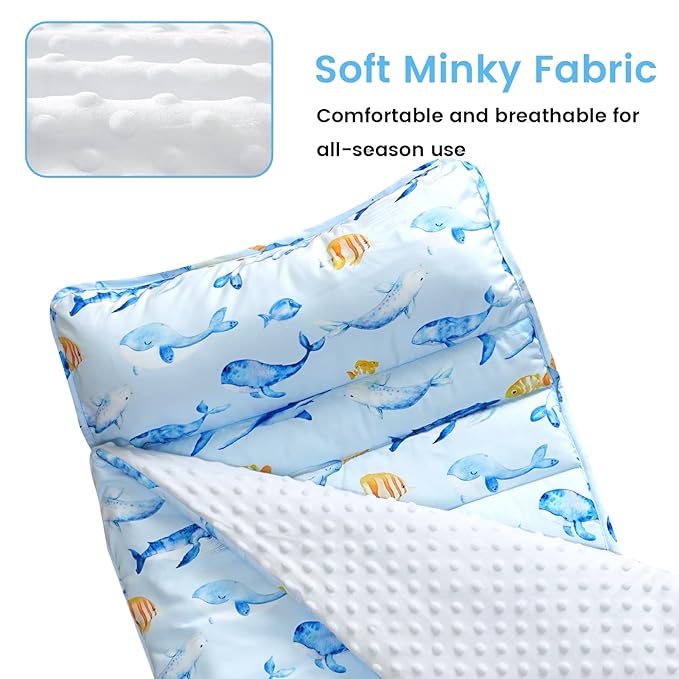 david's kids Toddler Nap Mat with Removable Pillow and Minky Fleece Blanket, Ultra Soft Slumber Bags for Boys, Perfect for Preschool, Daycare, Kids Sleeping Bags with Rollup Design, 50"x20", Whale