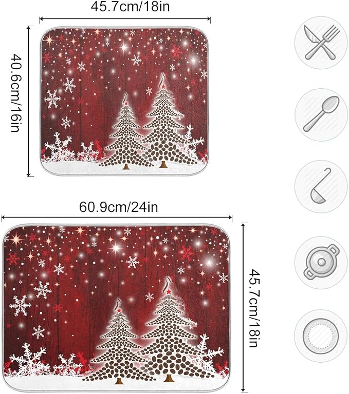 Christmas Tree Dish Drying Mat 18x24 inch Xmas New Year Snowflake Wooden Dish - Image 3