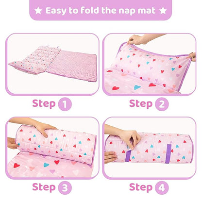 Viviland Toddler Kid Nap Mat for Preschool, Girls Heart Slumber Bag, Purple Daycare Sleeping Mats with Pillow and Blanket, Kindergarten Sleep Mat
