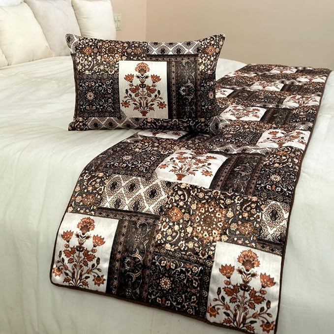 The HomeCentric King/Queen/Twin Brown Decorative Twin 53"x18" Bed Runner with Pillow Cover Quilted Bed Scarf on Satin Fabric - Parisa