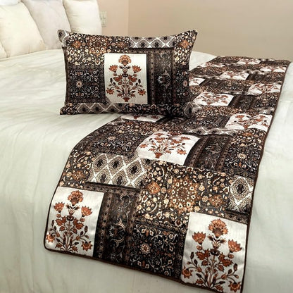 The HomeCentric King/Queen/Twin Brown Decorative Twin 53"x18" Bed Runner with Pillow Cover Quilted Bed Scarf on Satin Fabric - Parisa