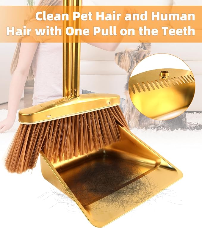 Gold Stainless Steel Broom and Dustpan Set, 2-Piece Long Handle Standing Pan - Image 8