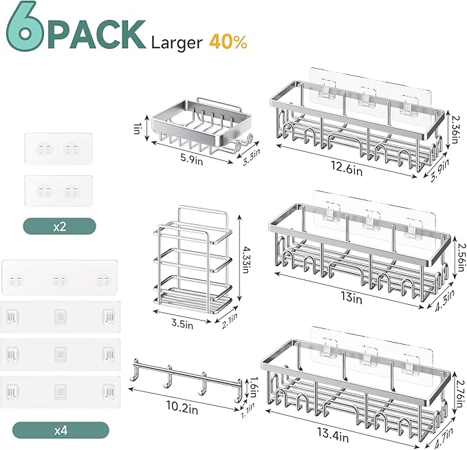 Veken Shower Caddy 6-Pack, Advanced Rustproof Design, No Drilling Adhesive - Image 6