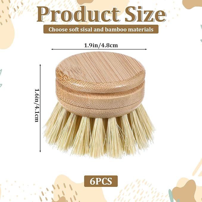 6 Pcs Bamboo Dish Brush Replacement Heads, 1.9 x 1.6 Inch Natural Sisal Bristle - Image 2