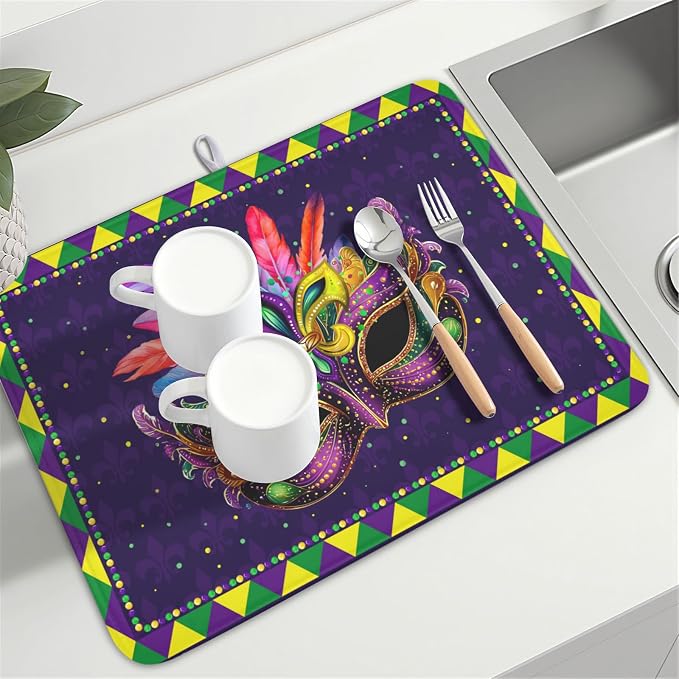 Mardi Gras Dish Drying Mat for Kitchen Counter Masquerade Mask Feather Drying - Image 8