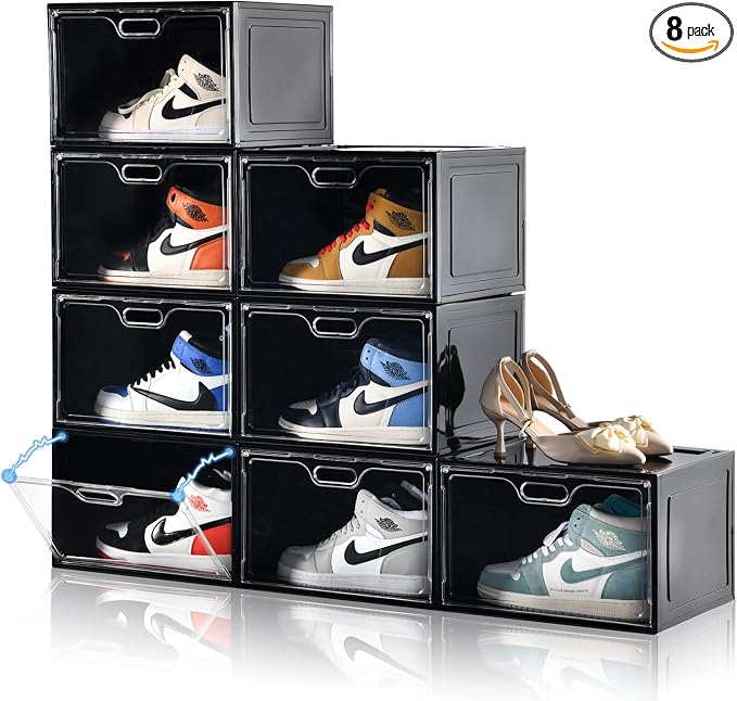 8 Pack Shoe Boxes Black Plastic Stackable, Large Shoe Storage Organizer by Amllas