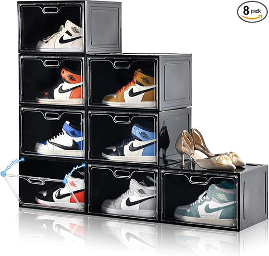 8 Pack Shoe Boxes Black Plastic Stackable, Large Shoe Storage Organizer by Amllas