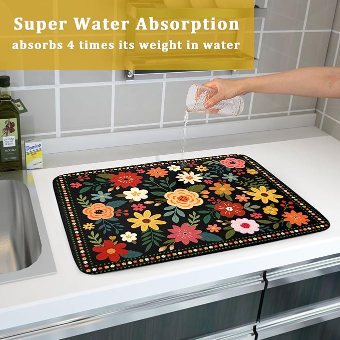 Boho Floral Dish Drying Mat 18x24 Inch Colorful Flower Dishes Dry Mats - Image 7