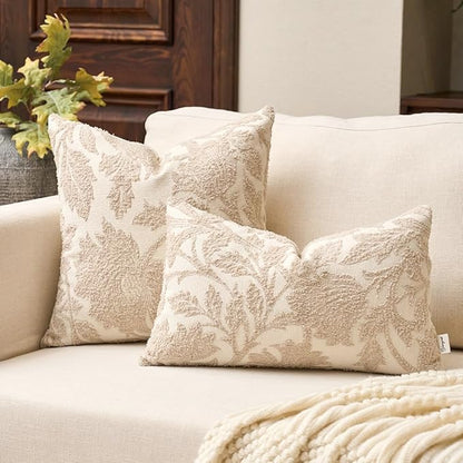 Yangest Chenille Floral Pillow Cover 18 x18 Inches, Neutral Jacquard Square Throw Pillow Cover Soft Decorative Nature Accent Couch Pillow Cover for Living Room Bedroom, Beige