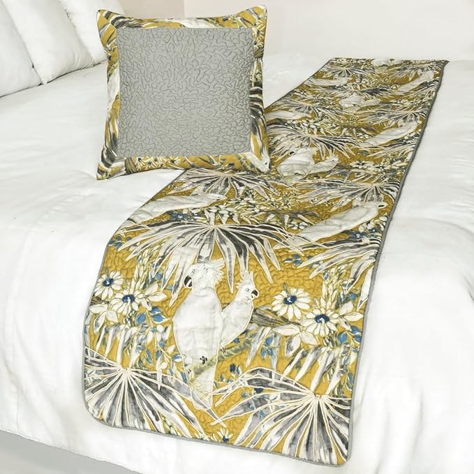 The HomeCentric King/Queen/Twin Grey & Yellow Decorative Twin 53"x18" Bed Runner with 2 Pillow Cover, Cockatoo Bird & Quilted Bed Scarf on Cotton Fabric - Cockatoo Love