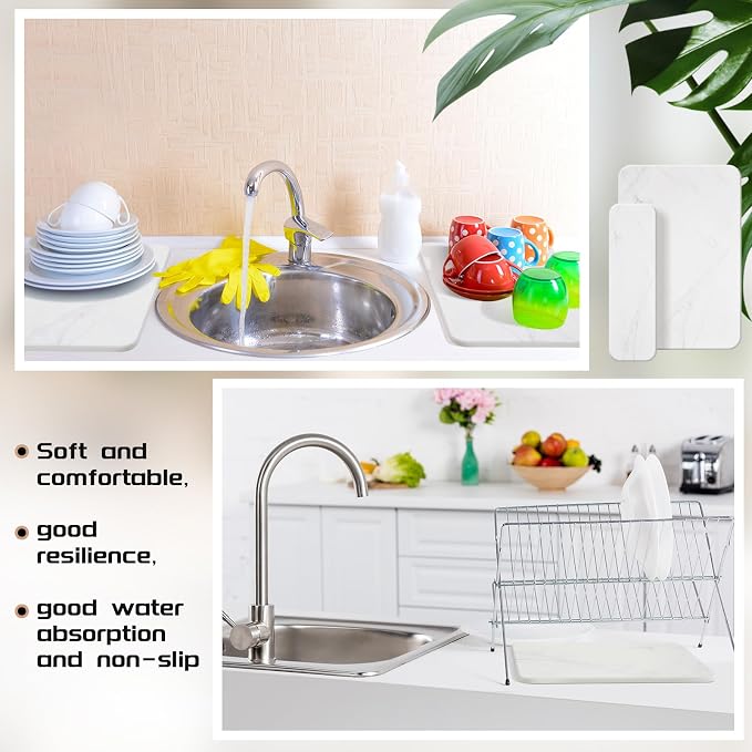 4 Pcs Absorbent Diatomaceous Dish Drying Mat Set White Non Slip 12x8in ＆ 9x3in - Image 6
