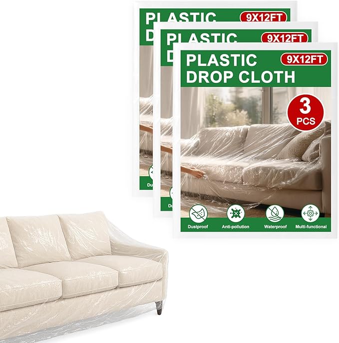 3-Pack 9x12 ft Painter Plastic Drop Cloths Sheet, Waterproof Anti-dust Cover by Unknown