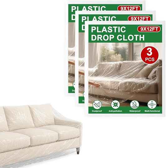 3-Pack 9x12 ft Painter Plastic Drop Cloths Sheet, Waterproof Anti-dust Cover by Unknown