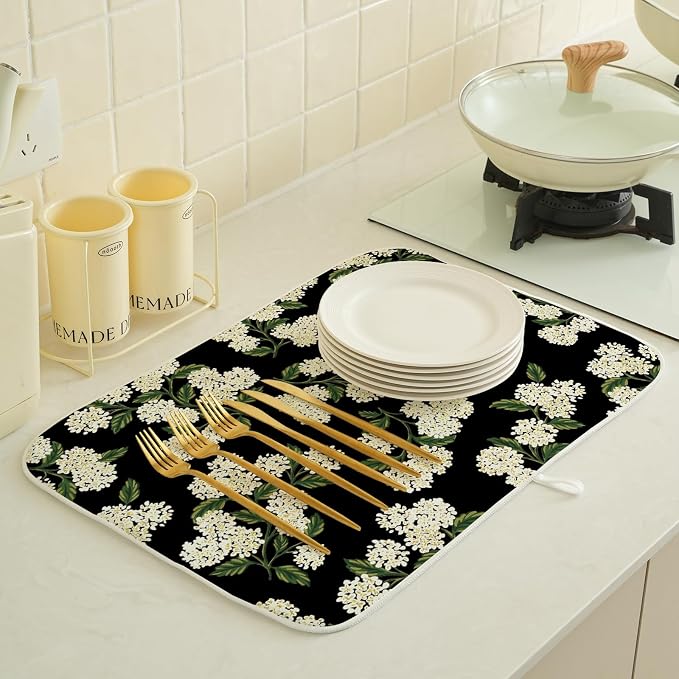 Black Hydrangea Dish Drying Mats 18x24 Inch Mats Spring Beige Green Floral - Image 3
