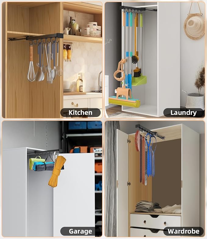 Pull Out Broom Holder With Adjustable Double Row Sliding Hook, - Image 6
