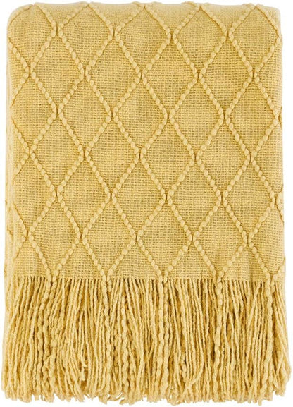 BOURINA Mustard Throw Blanket 60x80 Inches Throw Textured Solid Soft Sofa Throw Couch Knitted Decorative Blanket