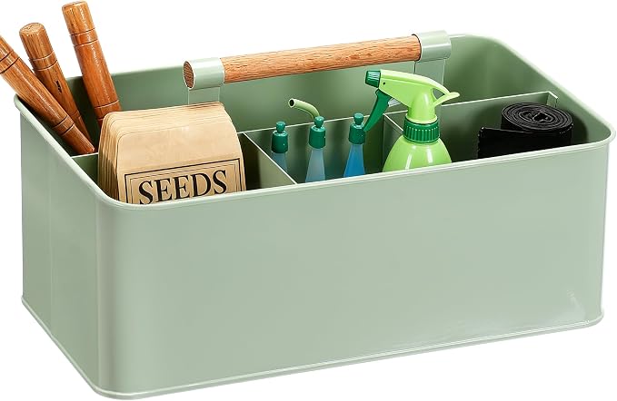 Garden Tool Organizer with Wooden Handle, Metal Garden Caddy with 4 Compartments by CANDCO