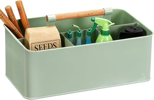 Garden Tool Organizer with Wooden Handle, Metal Garden Caddy with 4 Compartments by CANDCO