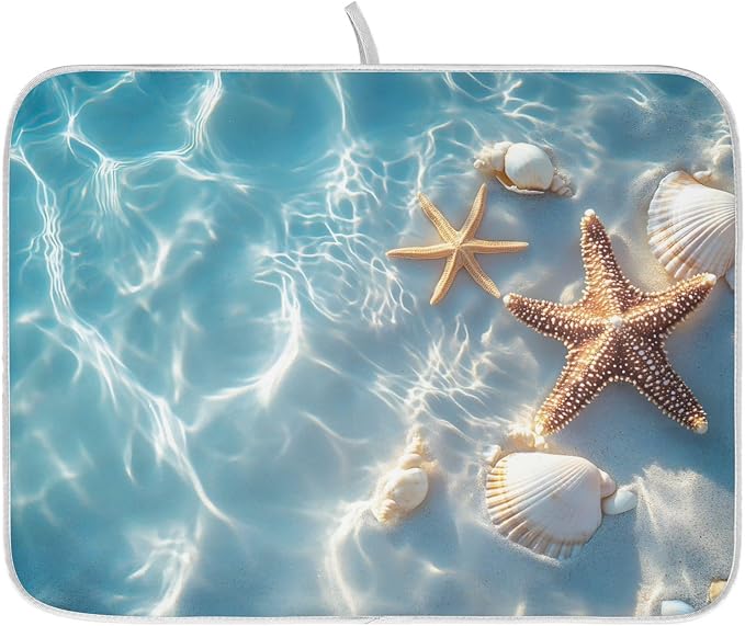 Starfish and Seashell on The Summer Beach Dish Drying Mat by ALAZA