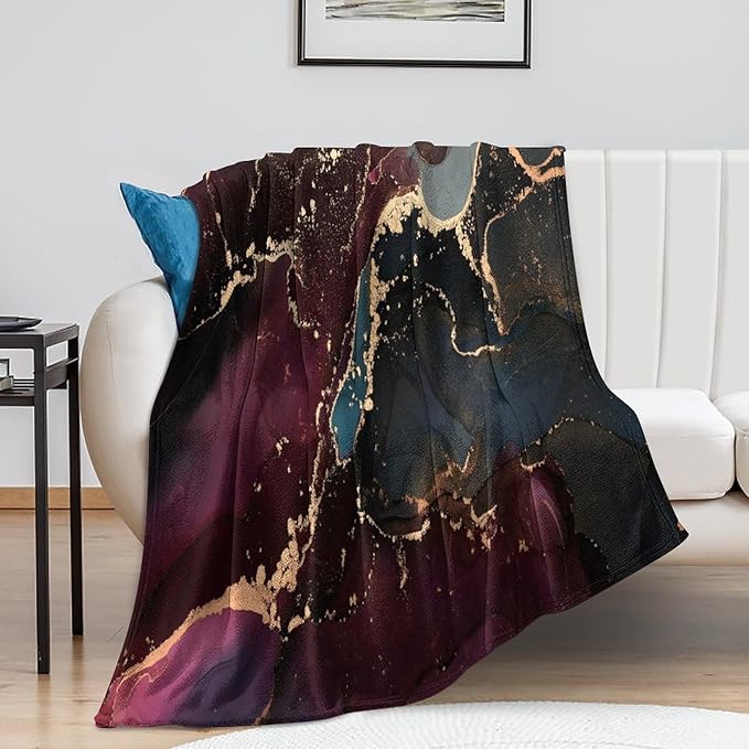 Modern Marble Blanket, Abstract Luxury Baroque Golden Purple Blue Stone Veins Pattern Soft Warm Cozy Plush Flannel Covers for Livingroom Bedroom Couch Chair Camping Travel Home Decor Tapestry 40x50in