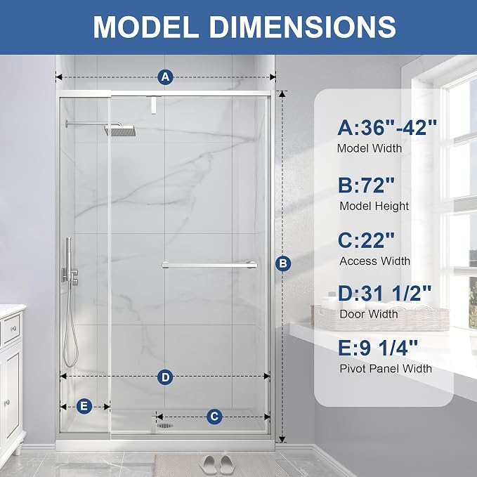 Semi Frameless Pivot Shower Door 36-42" W x 72" H, Swing Shower Glass Doors - Image 3