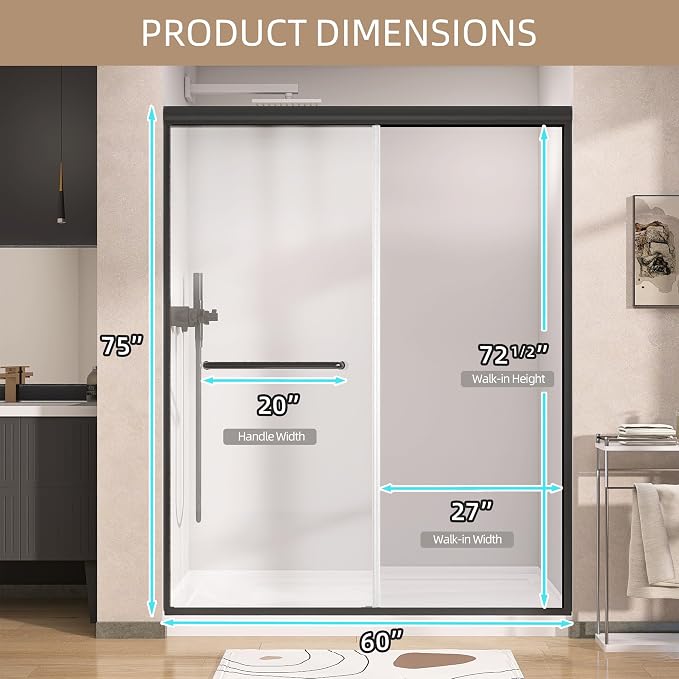 GETPRO Shower Door 56-60 in. W x 75 in. H Semi-Frameless Double Sliding Glass - Image 9