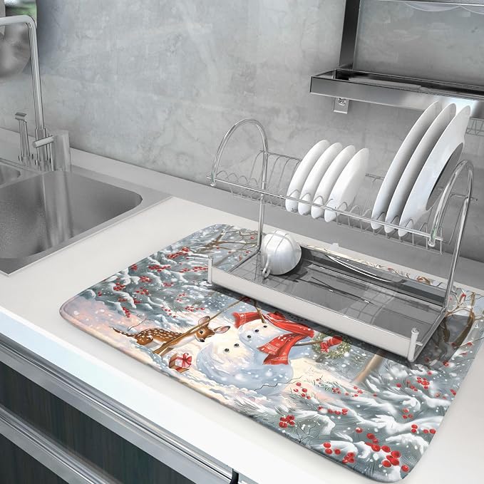 Winter Snowman Dish Drying Mat for Kitchen Counter Red Bird Berry Dishes - Image 5