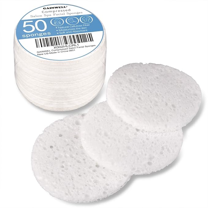 50-Count Compressed Facial Sponge, GAINWELL White Cellulose 100% Natural by GAINWELL