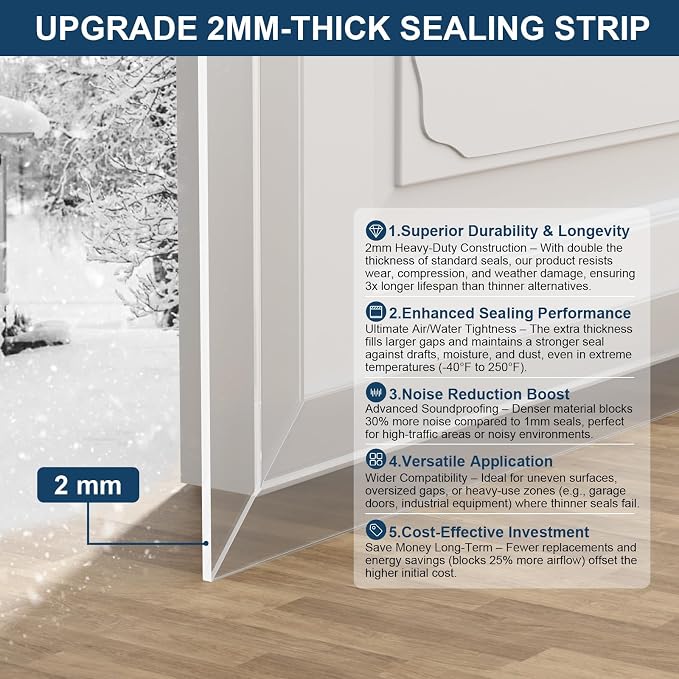 Heavy-Duty 20 ft x 2 in Weather Stripping, Extra Thick 2mm Door Draft Stopper - Image 8