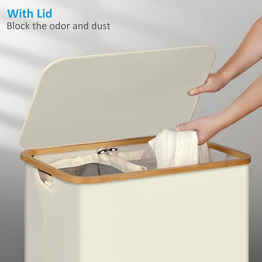 efluky Laundry Hamper with Lid, 160L Tall Laundry Basket with Bamboo Handles - Image 2