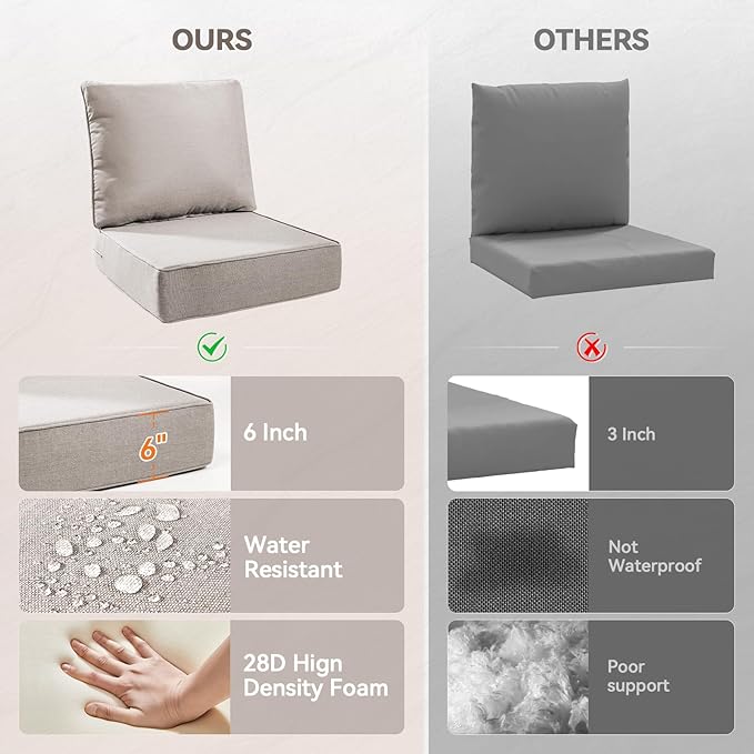 Luxury 6" Outdoor Cushions for Patio Furniture, 24x24x6" Thick Seat Cushion Set of 3, Fade Resistant Couch Chair Replacement Cushions High Density Deep Wicker Chair Cushion w/ Removable Cover, Beige