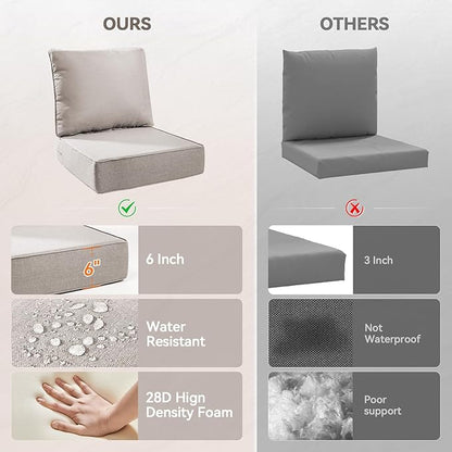 Luxury 6" Outdoor Cushions for Patio Furniture, 24x24x6" Thick Seat Cushion Set of 3, Fade Resistant Couch Chair Replacement Cushions High Density Deep Wicker Chair Cushion w/ Removable Cover, Beige