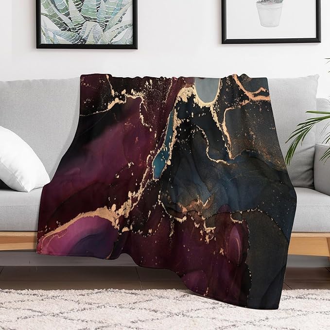 Modern Marble Blanket, Abstract Luxury Baroque Golden Purple Blue Stone Veins Pattern Soft Warm Cozy Plush Flannel Covers for Livingroom Bedroom Couch Chair Camping Travel Home Decor Tapestry 40x50in