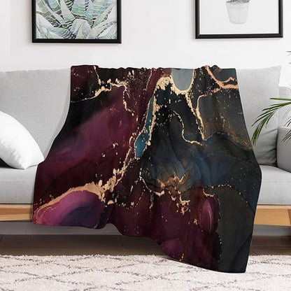 Modern Marble Blanket, Abstract Luxury Baroque Golden Purple Blue Stone Veins Pattern Soft Warm Cozy Plush Flannel Covers for Livingroom Bedroom Couch Chair Camping Travel Home Decor Tapestry 40x50in