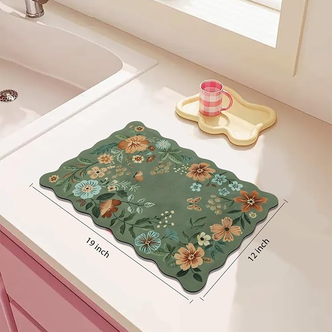 Scalloped Bohemian Boho Floral Flower Coffee Bar Mat Dish Drying Mats - Image 2