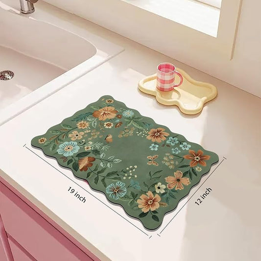 Scalloped Bohemian Boho Floral Flower Coffee Bar Mat Dish Drying Mats - Image 2