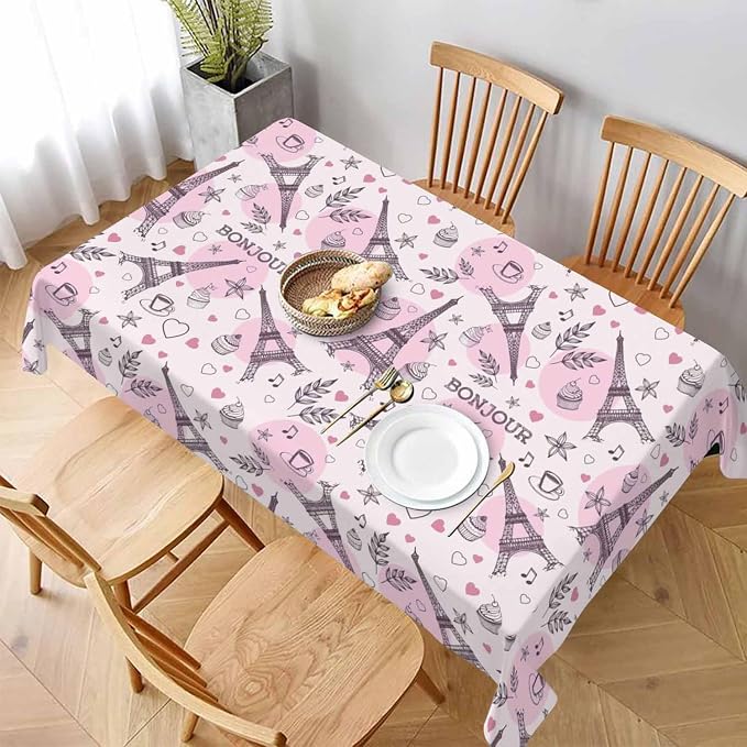 Paris Eiffel Tower Table Cover 52x70 Love Heart Coffee Cake Pink Table Cloth - Image 3
