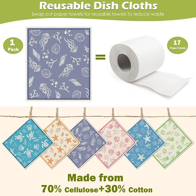 6 Packs Swedish Paper Cloths for Kitchen, Reusable Paper Towels Washable Dish - Image 3