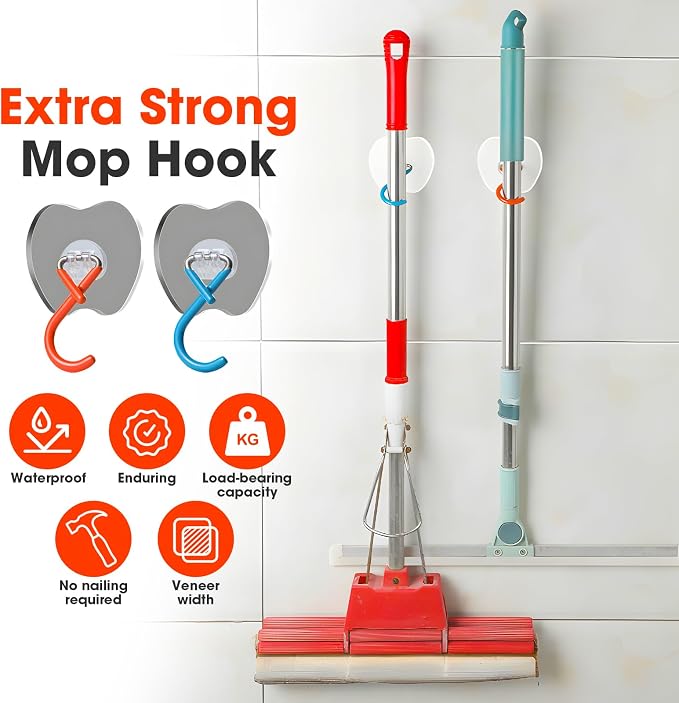 No Drill Large Adhesive Wall Hooks, Broom Holder - Image 6