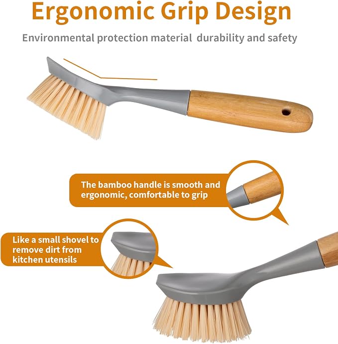 2 Pack Kitchen Dish Brush Bamboo Handle Dish Scrubber Built-in Scraper - Image 4