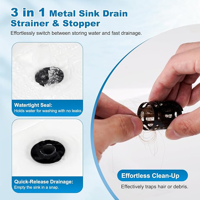 Hibbent Universal Bathroom Sink Drain Strainer, Upgraded 3 in 1 Pop Up Stopper - Image 6