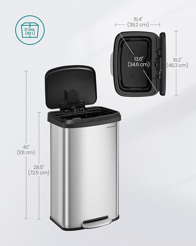 SONGMICS Kitchen Trash Can, 21 Gallon Stainless Steel Garbage Can, - Image 5